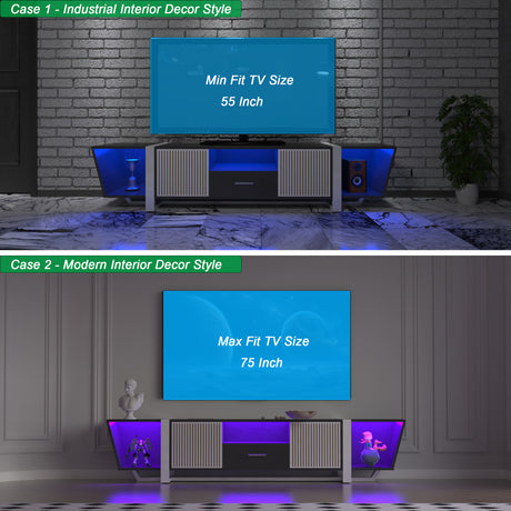 TV console with storage cabinet, dual flat LED TV stand with remote control, multi-mode light with power cord, black - V.I.P Digital Presence