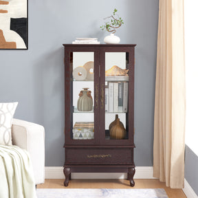 Curio cabinet lighting glass cabinet with adjustable glass frame, 2 doors and 1 drawer with light bulb, dark cherry color - V.I.P Digital Presence