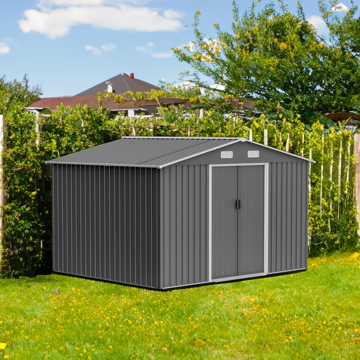 10X8 FT outdoor tool storage shed with metal foundation and lockable door, all-weather metal shed, gray - V.I.P Digital Presence