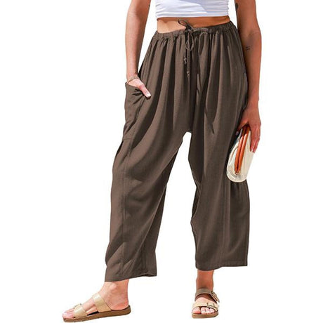 European and American women's elastic waisted pleated high waisted wide leg loose Haren cotton linen pants - V.I.P Digital Presence