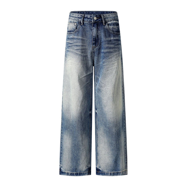 Washed Faded Denim Long Pants Clean Fit Punk Loose Wide Leg Dad Trousers Men's Distressed Ripped Straight Leg Jeans - V.I.P Digital Presence