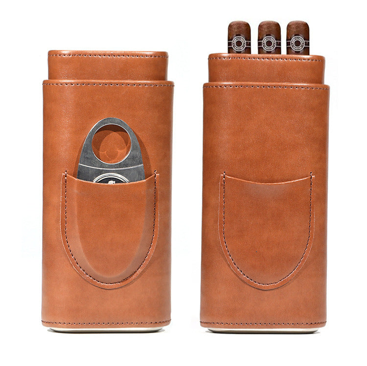 Two end hardware leather cigar box portable cedar wood 3-pack cigar moisturizing box protective cover cigar leather cover - V.I.P Digital Presence