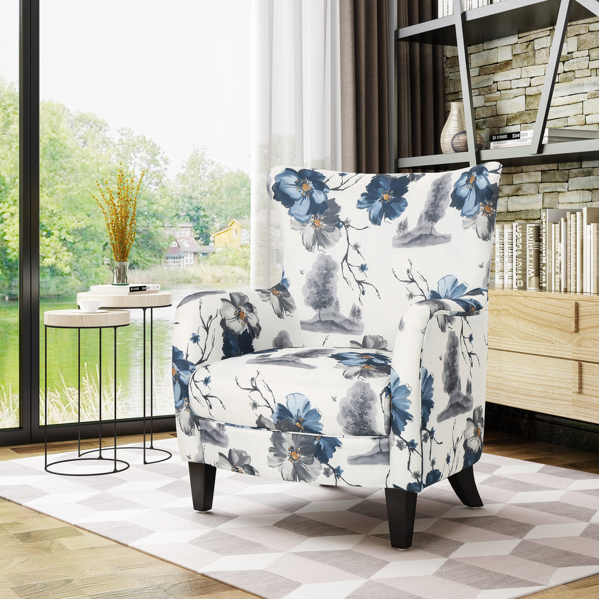 Modern retro printed fabric cushioned club chair, white and blue patterned armchair - V.I.P Digital Presence