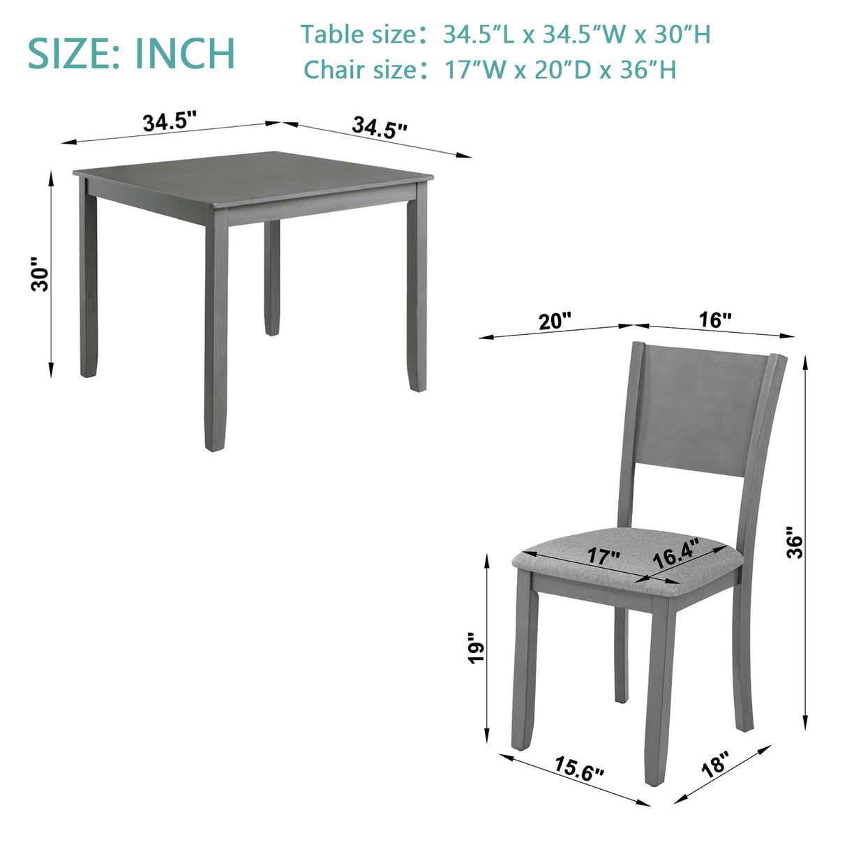 5 Piece Modern Dining Set, Square Wooden Dining Table with 4 Upholstered Chairs for Kitchen, Dining Room, Gray - V.I.P Digital Presence