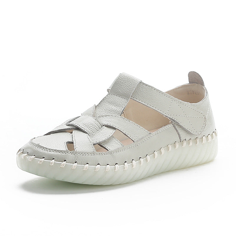 Leather perforated shoes with hollowed out toe caps for women soft soled non slip flat sandals for women - V.I.P Digital Presence