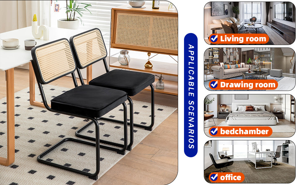 Dining Chairs Set of 2 velvet wicker side decorative chairs, black painted legs, modern medieval Bruell designed chairs, - V.I.P Digital Presence