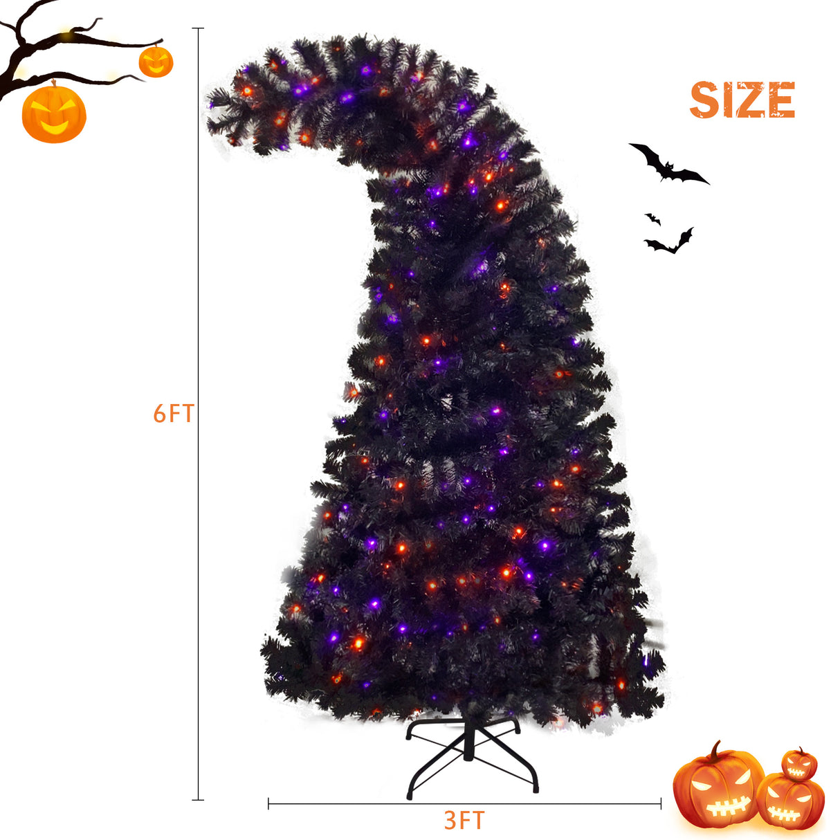 6FT artificial fir curved top Halloween tree, with 1080 lush branch tips and 300 LED lights in a Christmas and Halloween style - V.I.P Digital Presence