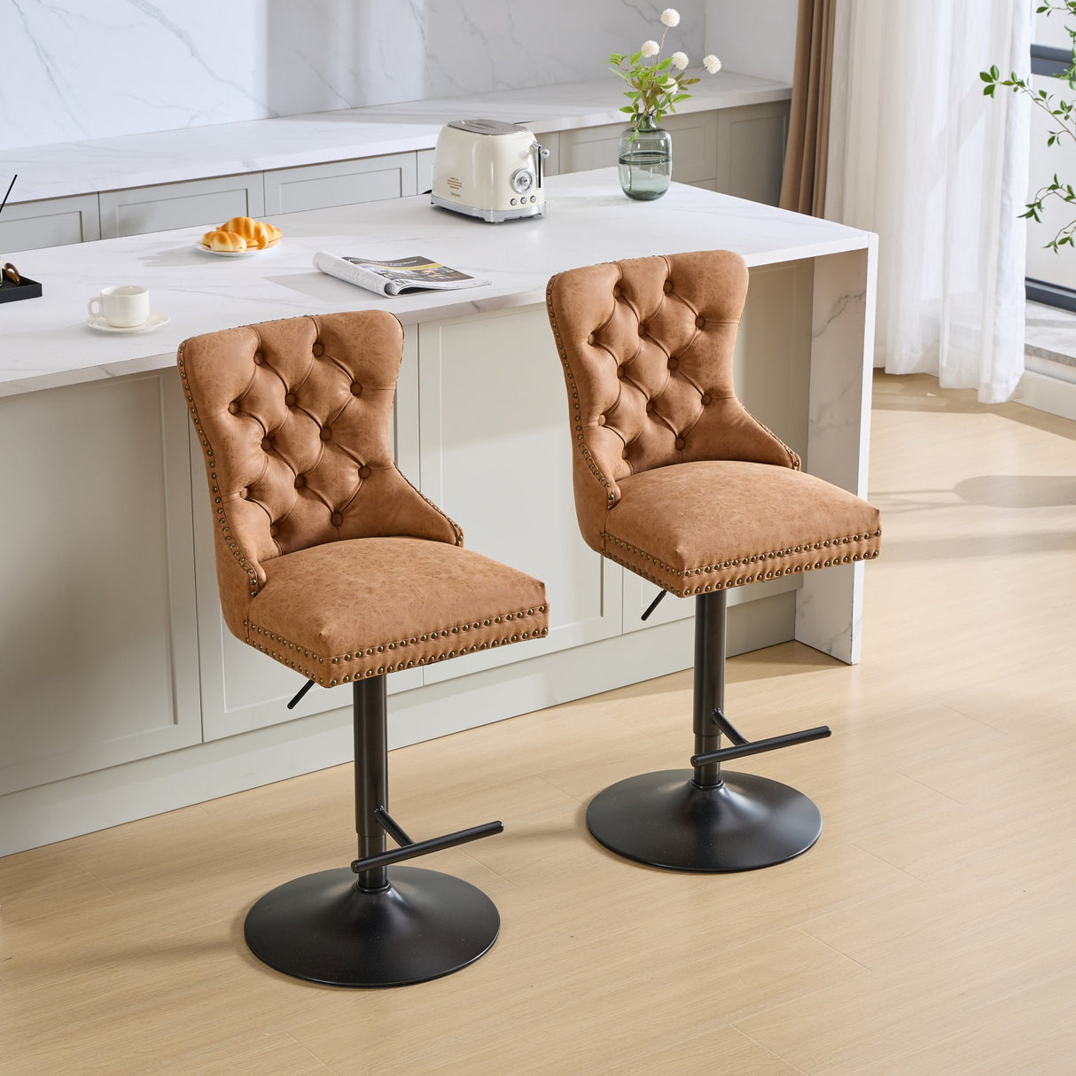 Vintage PU rotating bar stool, seat height adjustable from 25-33 inches, modern bar stool (orange, 2-piece set) - V.I.P Digital Presence