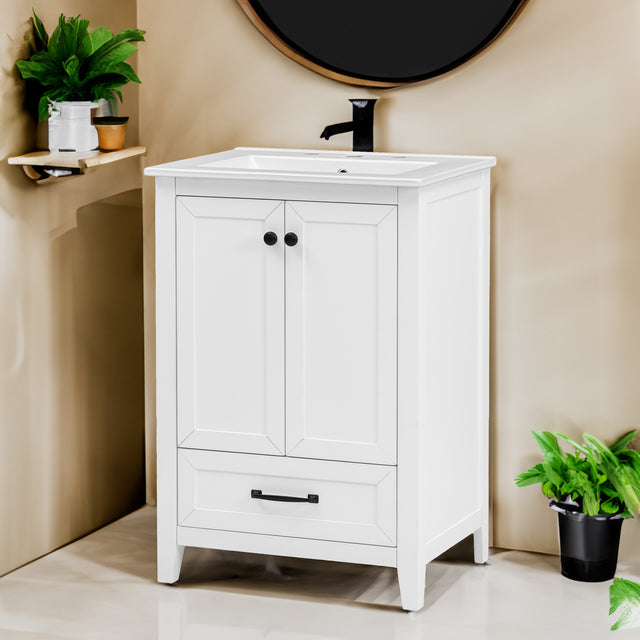 24" Bathroom Vanity with Sink, Bathroom Vanity Cabinet with One Drawer and Doors, Solid Wood and MDF, White - V.I.P Digital Presence