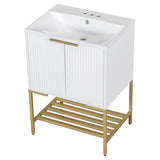 24" Bathroom Vanity with Sink, Bathroom Vanity Cabinet with Two Doors and Gold Metal Frame, Open Storage Shelf, White - V.I.P Digital Presence