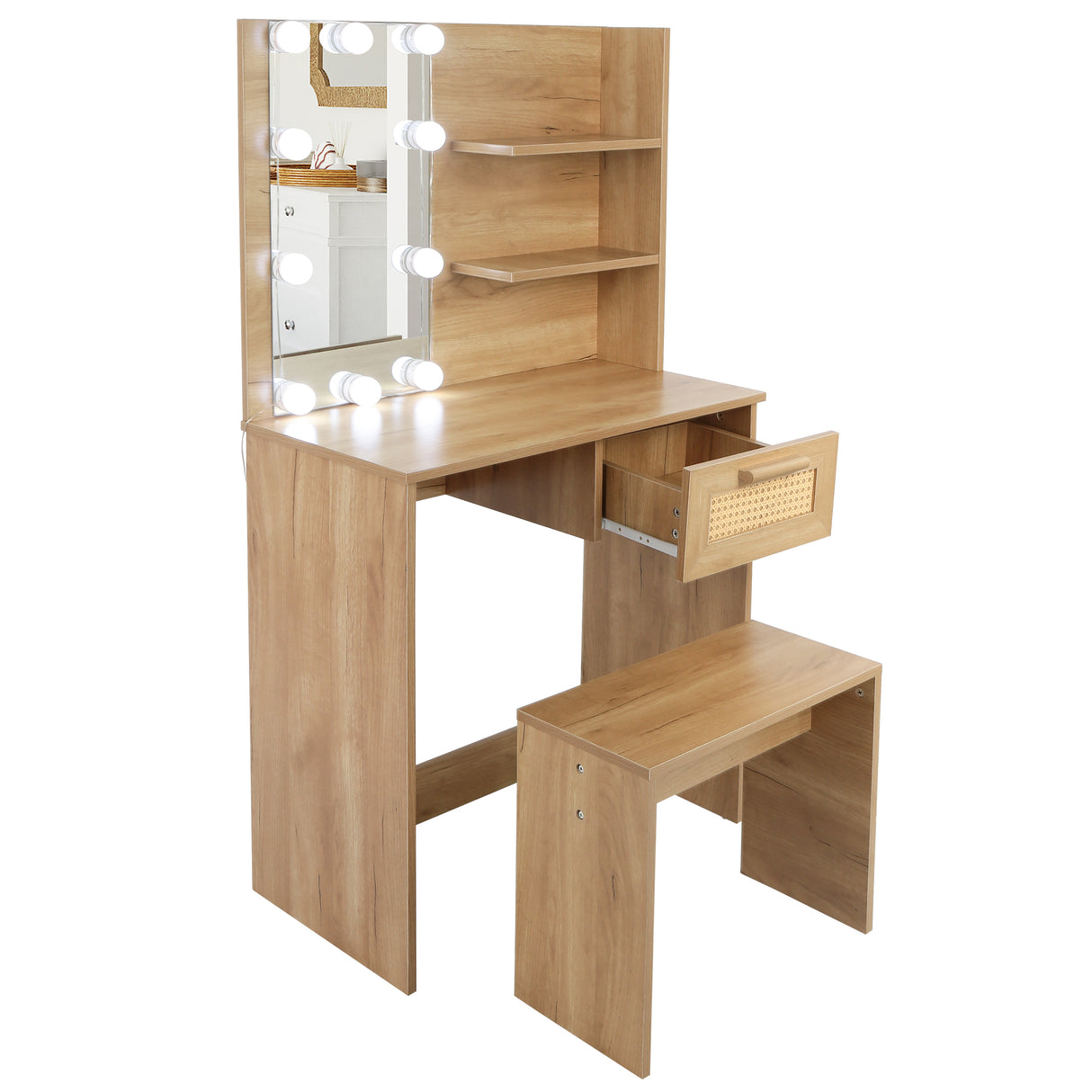 Vanity Desk Set Stool & Dressing Table with LED Lighting Mirror Drawer and Wood Cosmetic Table Chest of Drawers Nature Color - V.I.P Digital Presence