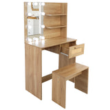 Vanity Desk Set Stool & Dressing Table with LED Lighting Mirror Drawer and Wood Cosmetic Table Chest of Drawers Nature Color - V.I.P Digital Presence