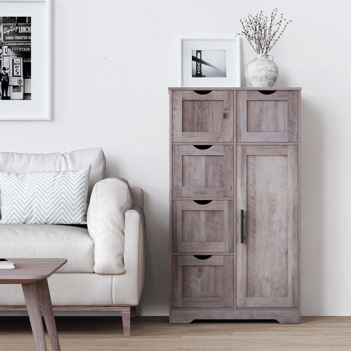 Bathroom Storage Cabinet with Storage 5 Drawers and 1 Door, Entryway Cabinet with Adjustable Shelf Grey - V.I.P Digital Presence