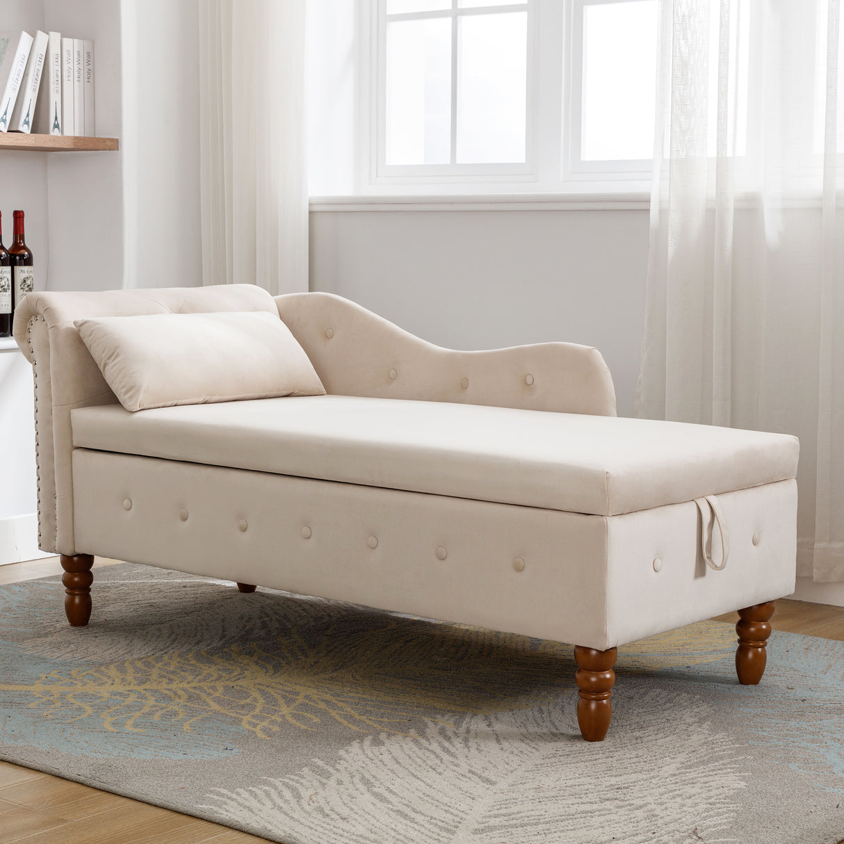 Beige Chaise Lounge Indoor Velvet Lounge Chair for Bedroom with Storage & Pillow Modern Upholstered Rolled Arm Chase Lounge - V.I.P Digital Presence