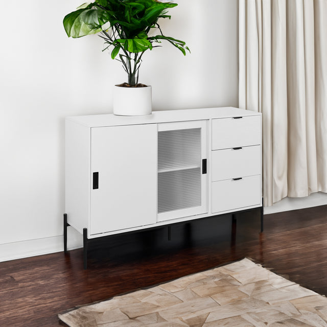 Modern characteristic storage cabinet side panel with glass sliding door and 3 drawers, dining table cabinet in white color - V.I.P Digital Presence