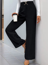 Autumn women's solid color with buckle high waisted straight leg pants - V.I.P Digital Presence