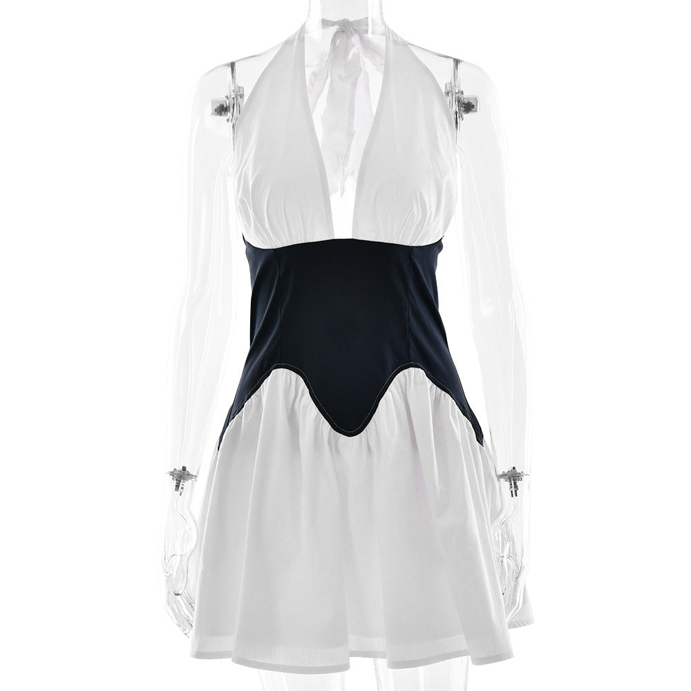 Style Fashion Splicing A-Line Dress with Sexy Deep V-Neck Halter Waist-Cinching Design - V.I.P Digital Presence