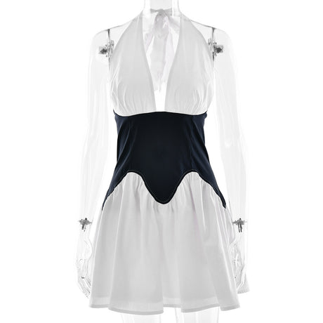 Style Fashion Splicing A-Line Dress with Sexy Deep V-Neck Halter Waist-Cinching Design - V.I.P Digital Presence