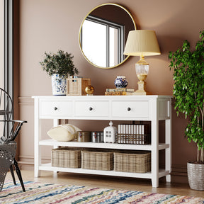 Retro Design Console Table with Two Open Shelves, Pine Solid Wood Frame and Legs for Living Room (Antique White) - V.I.P Digital Presence