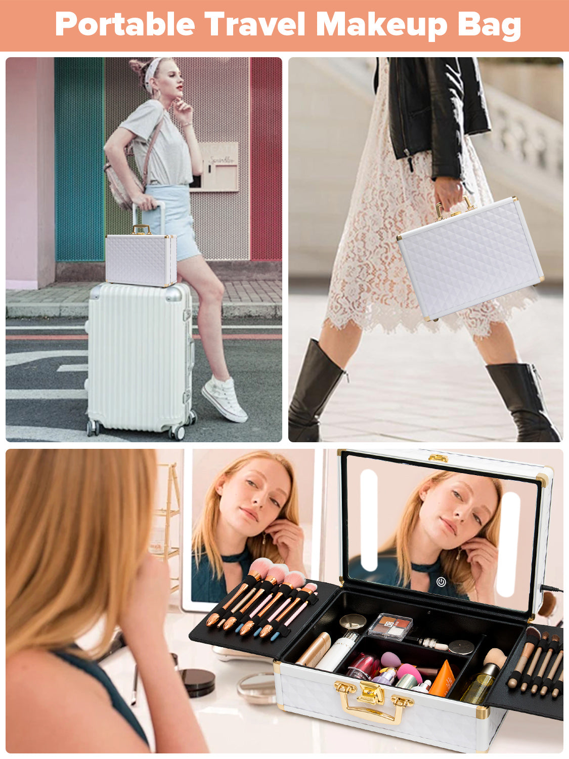 Portable makeup case, travel makeup bag with LED mirror, locked makeup storage box, brush holder, divider, rechargeable, white - V.I.P Digital Presence