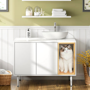 Bathroom sink cabinet, with cat trash can shell, hidden garbage pet bathroom, with partition, wooden cabinet furniture, white - V.I.P Digital Presence