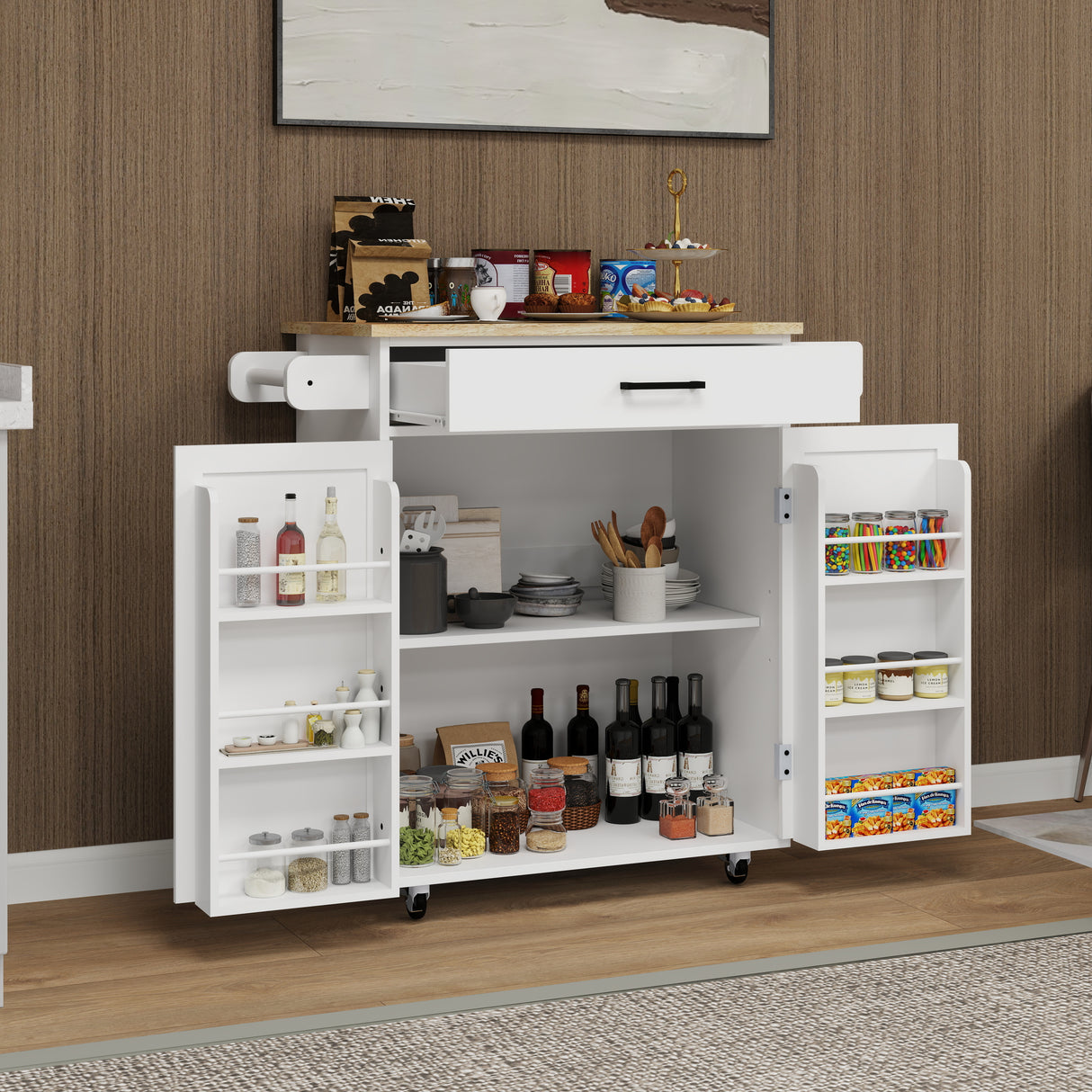 Kitchen island rolling trolley cart with 1 drawer & 2 doors with storage racks & Adjustable Shelves & towel rack - V.I.P Digital Presence