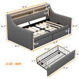 Twin Size Daybed with Storage Drawers, Upholstered Daybed with Charging Station and LED Lights, Gray - V.I.P Digital Presence