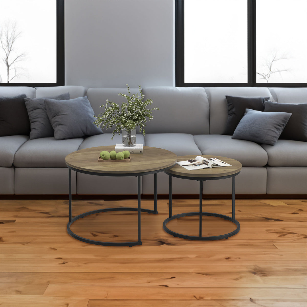 A set of nested coffee tables, 27.6-inch round coffee table, industrial wood veneer, with sturdy metal frame (brown) - V.I.P Digital Presence