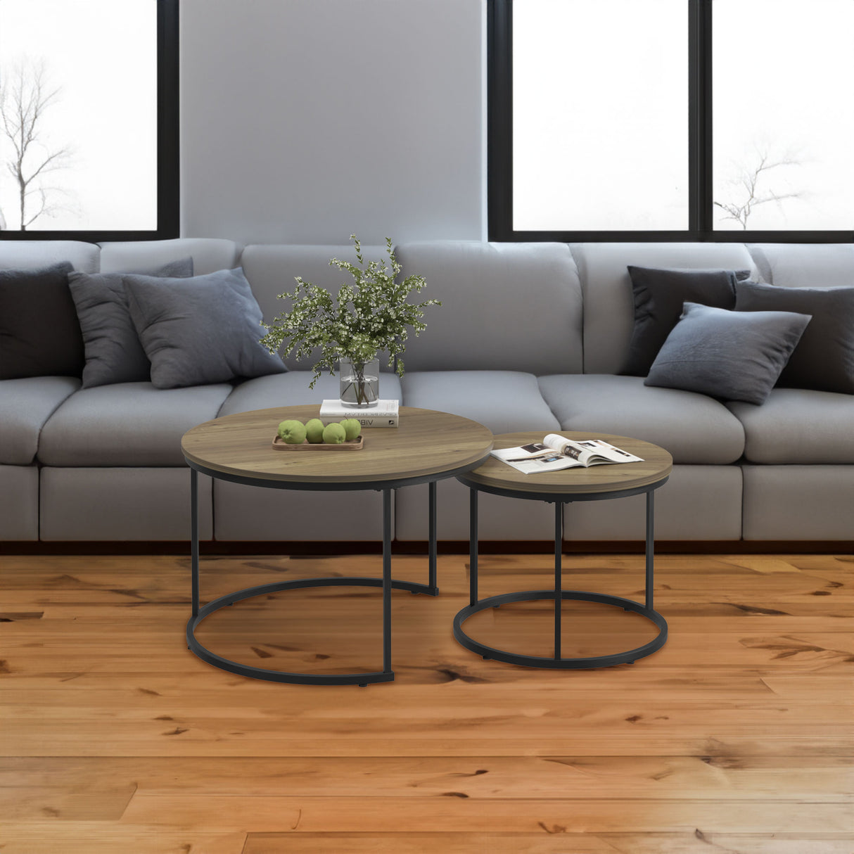 A set of nested coffee tables, 27.6-inch round coffee table, industrial wood veneer, with sturdy metal frame (brown) - V.I.P Digital Presence