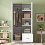 Wooden Wardrobe with Double Doors, Armoire with Hanging Rod, 5 Fixed Shelves, One Storage Drawer,White - V.I.P Digital Presence