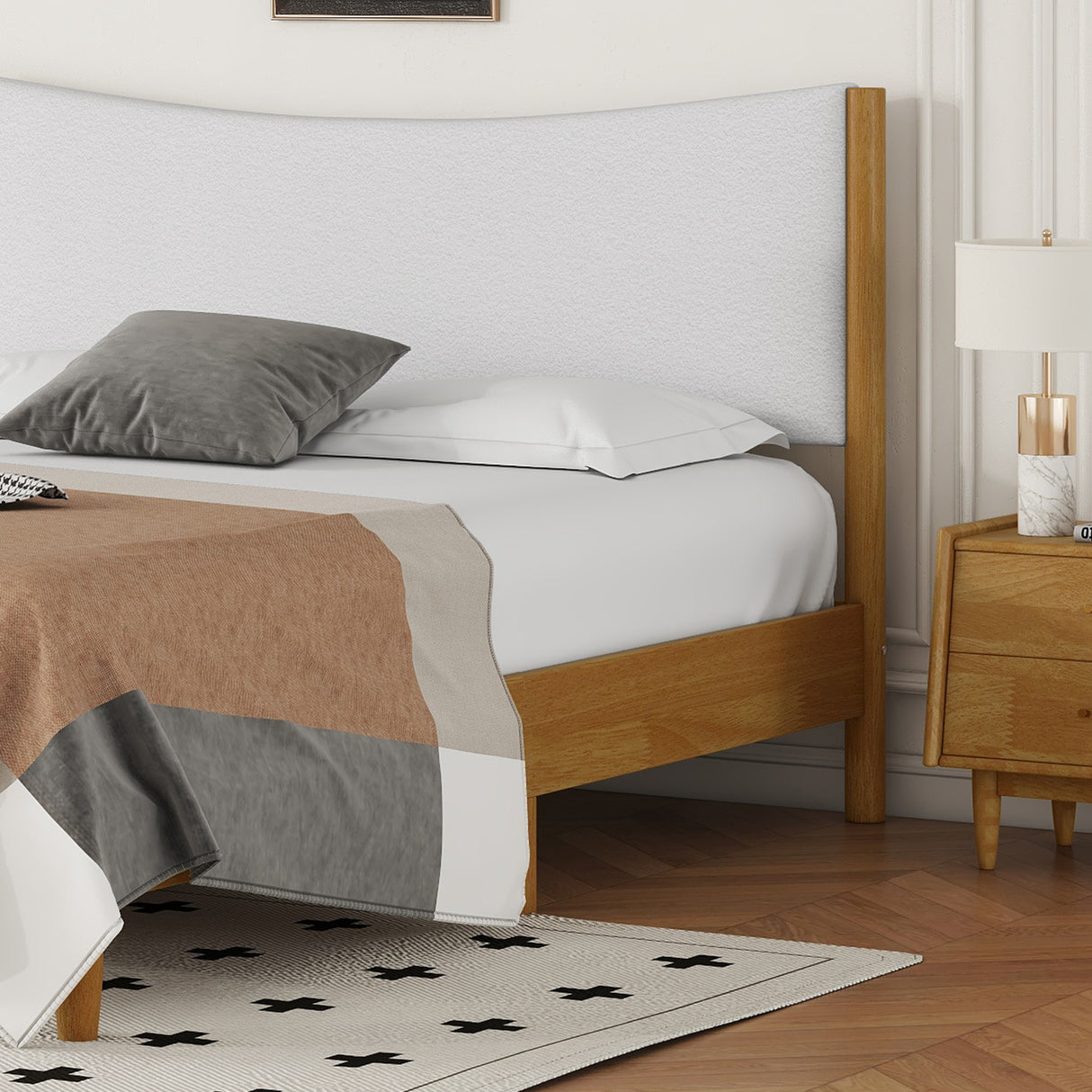 Queen Size Rubber Wooden , Solid Wooden Bed with Teddy Velvet Cushion Upholstered Headboard, Enhanced by Support Feet - V.I.P Digital Presence
