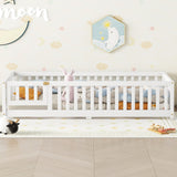 Twin Size Bed Floor Bed with Safety Guardrails and Door for Kids, White - V.I.P Digital Presence