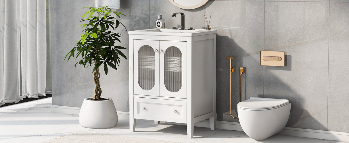 24" Bathroom Vanity with Sink, Bathroom Vanity Cabinet with One Drawer and Doors, Adjustable Shelf, Solid Wood and MDF, White - V.I.P Digital Presence