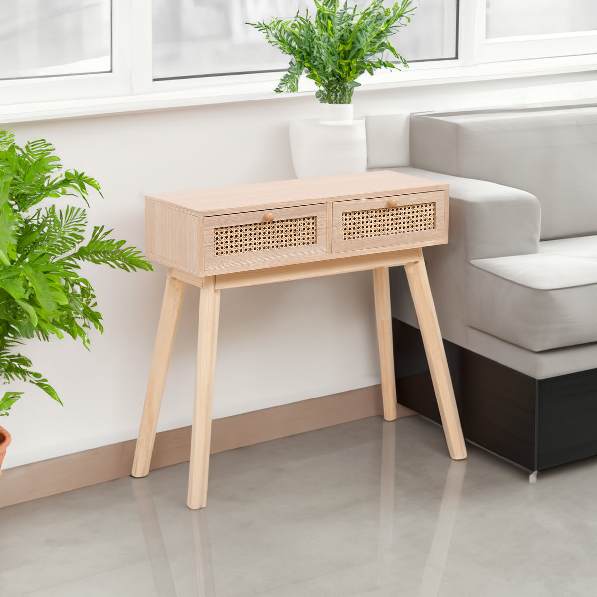 Side table with two real rattan drawers, solid wood table legs can be used in the dining room living room,bedroom - V.I.P Digital Presence