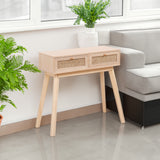 Side table with two real rattan drawers, solid wood table legs can be used in the dining room living room,bedroom - V.I.P Digital Presence