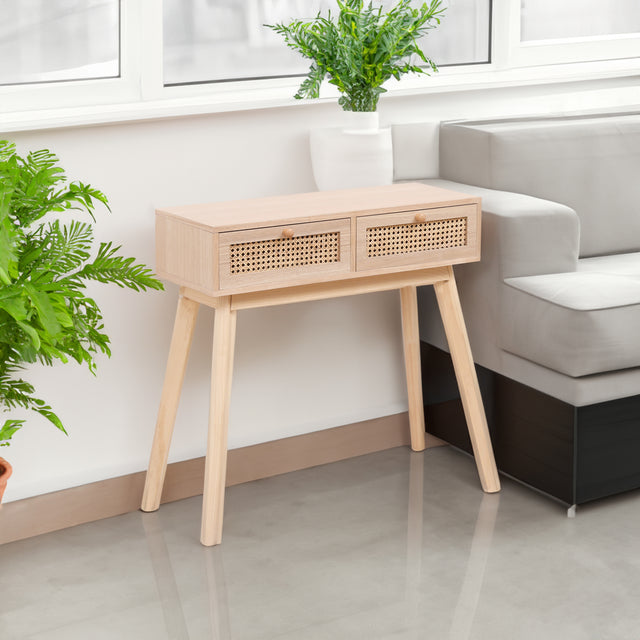 Side table with two real rattan drawers, solid wood table legs can be used in the dining room living room,bedroom - V.I.P Digital Presence