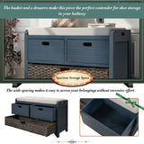 TREXM Storage Bench with Removable Basket and 2 Drawers, Fully Assembled Shoe Bench with Removable Cushion (Navy) - V.I.P Digital Presence
