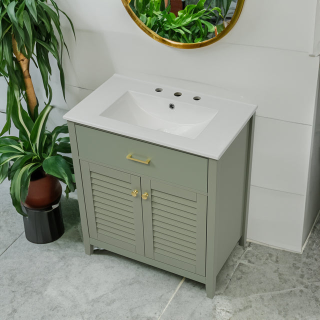 30-Inch Bathroom Vanity with Ceramic Sink Combination, Ample Storage - Features 1 Pullout and Multifunctional Shelf Dividers - V.I.P Digital Presence