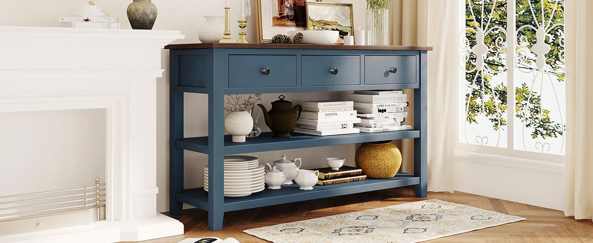 Retro Design Console Table with Two Open Shelves, Pine Solid Wood Frame and Legs for Living Room (Antique Navy+Espresso) - V.I.P Digital Presence