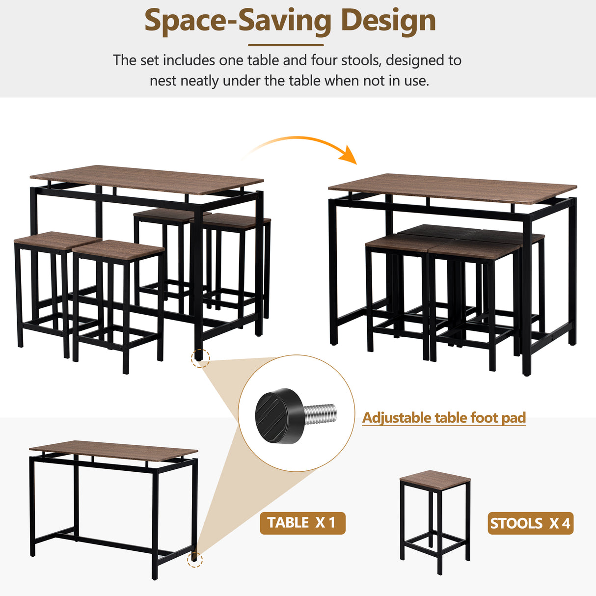 TREXM 5-piece compact bar table with table and stool - modern industrial design (dark brown) - V.I.P Digital Presence