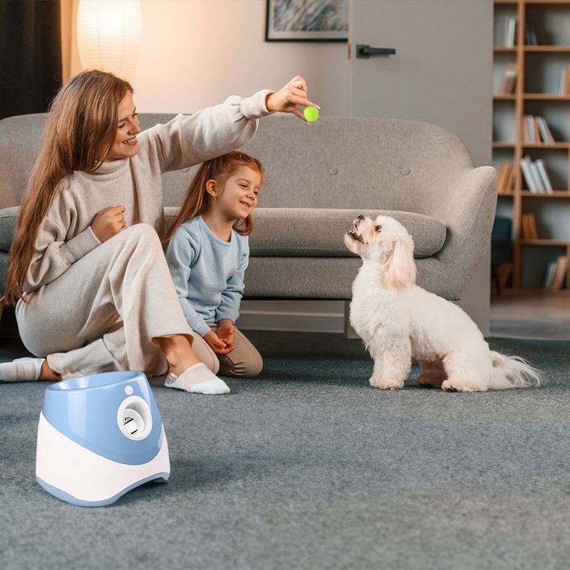 Rechargeable automatic tennis ball launcher for pets. Includes 3 balls, promotes interactive play. - V.I.P Digital Presence