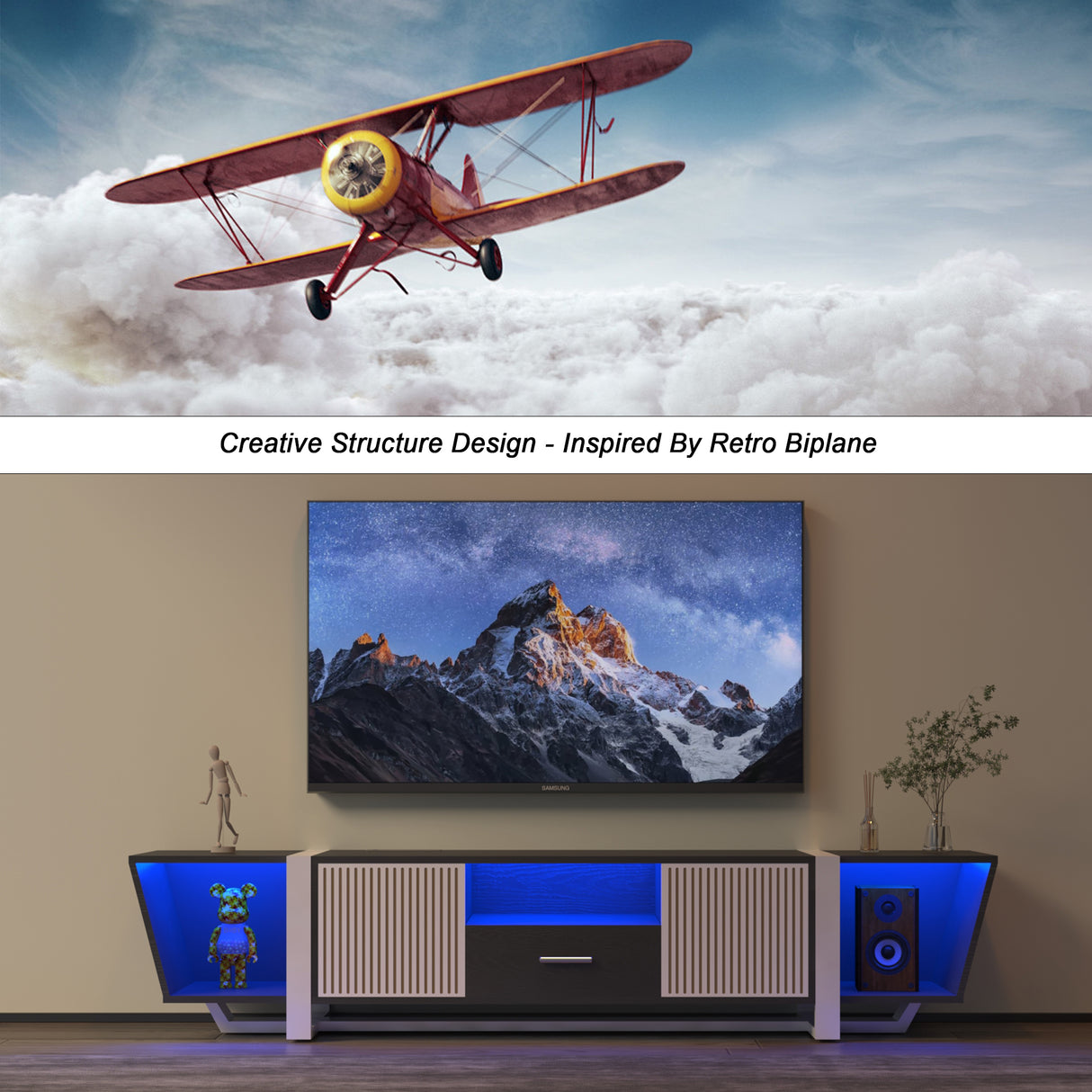 TV console with storage cabinet, dual flat LED TV stand with remote control, multi-mode light with power cord, black - V.I.P Digital Presence