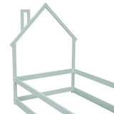Twin Size Wood bed with House-shaped Headboard Floor bed with Fences,Light Green - V.I.P Digital Presence