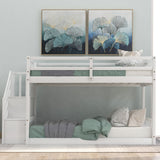 Twin over Twin Floor Bunk Bed, Ladder with Storage  White