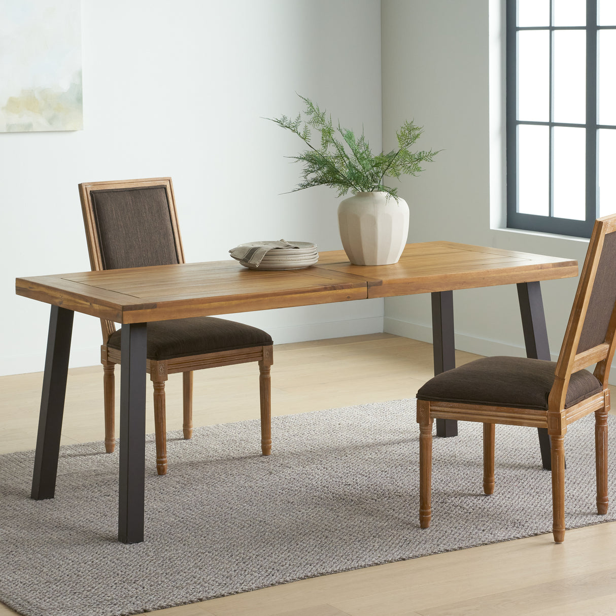 Della Acacia Wood Dining Table, Natural Stained with Rustic Metal, Brown, Grey - V.I.P Digital Presence