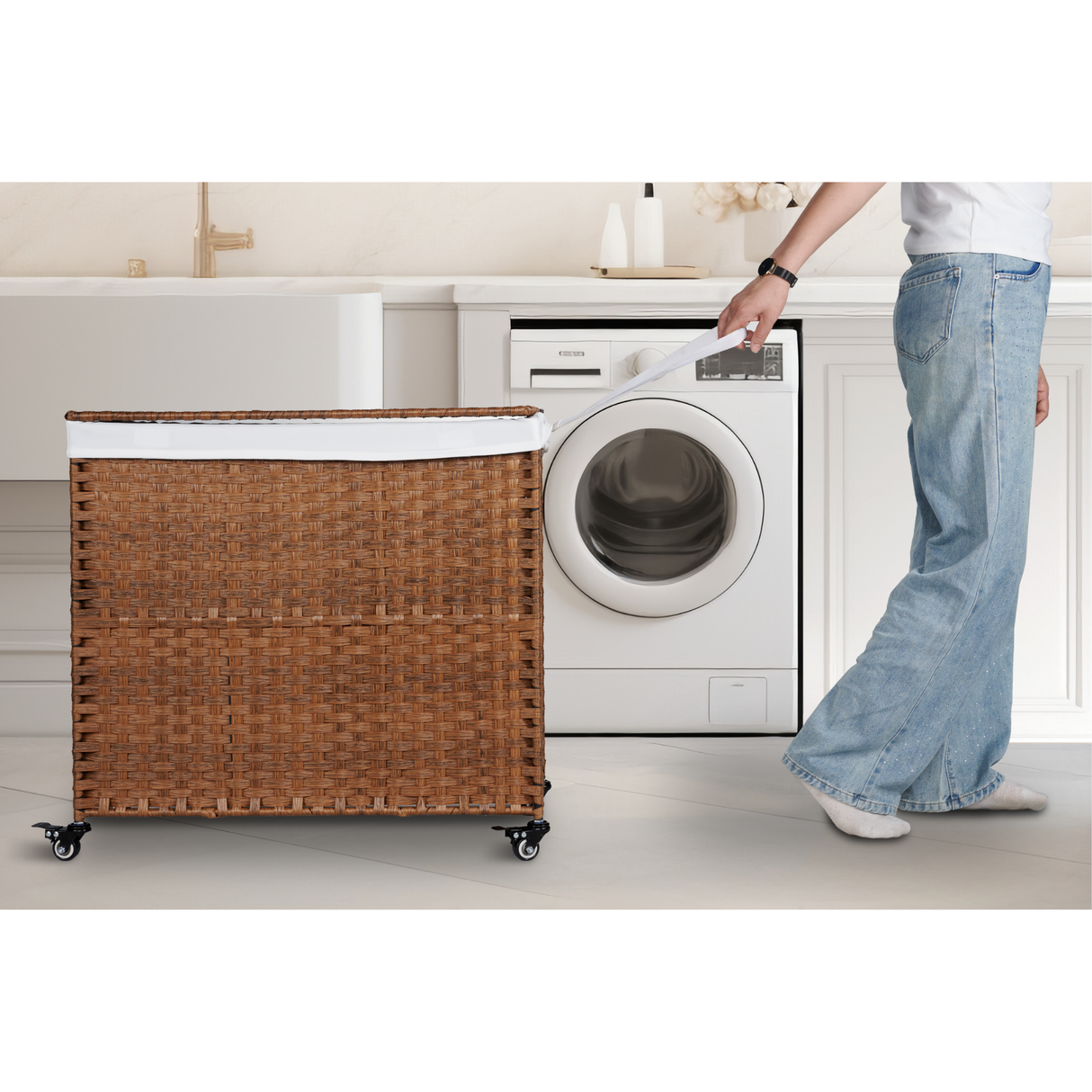 Laundry Hamper With Lid PE Rattan Powder Coating Frame Clothes Hampers with 02 Removable Bags, Wheels, 160L, Brown Color - V.I.P Digital Presence
