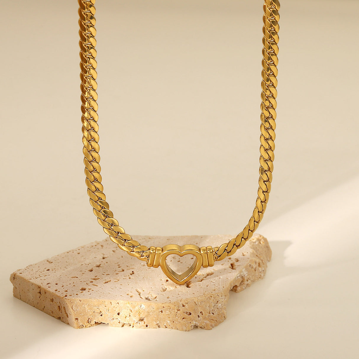 Stainless steel Cuban chain heart-shaped necklace with hollowed out flat snake chain heart pendant necklace for women - V.I.P Digital Presence