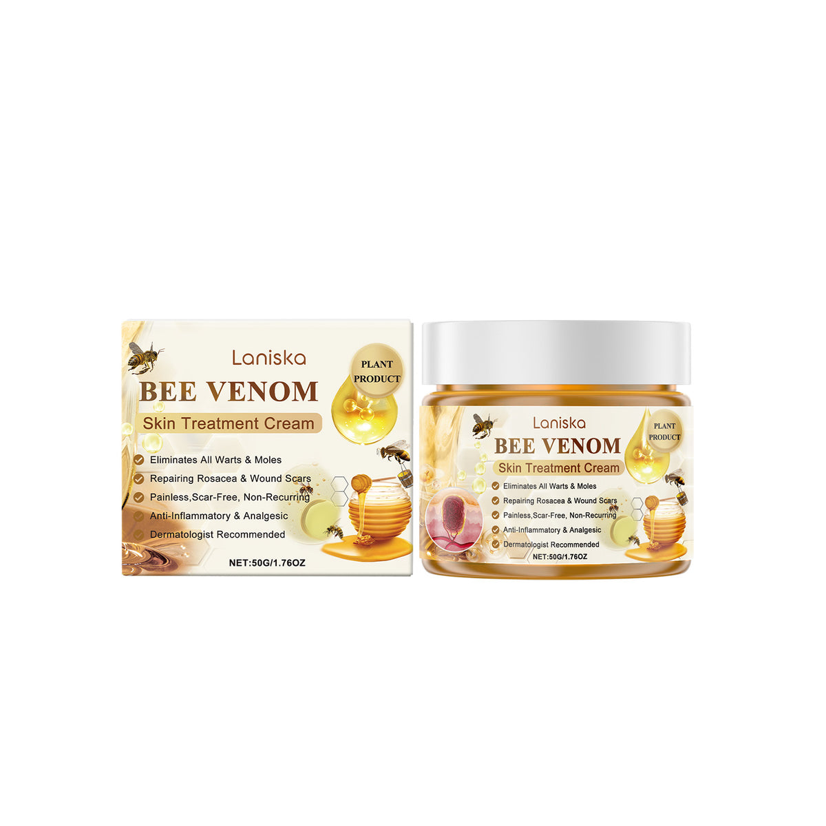Crema hidratante, reparadora y suavizante con veneno de abeja, con ingredientes herbales suaves.