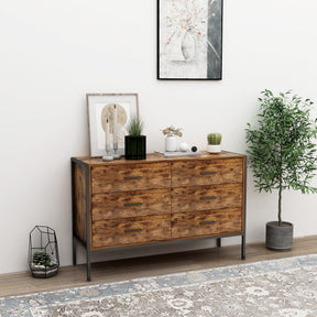 Industrial Style 6 Drawer Double Dresser Rustic Brown Wood Storage Dresser Clothes Organizer with Sturdy Steel Frame - V.I.P Digital Presence