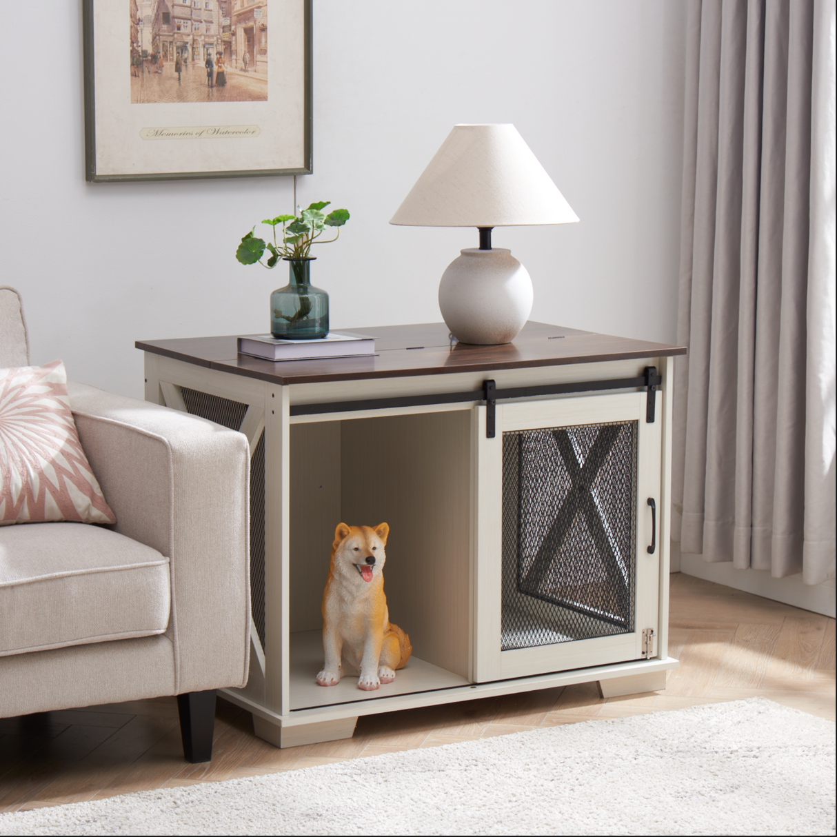 Farm kennel Flat noodles furniture with sliding barn door, farm wooden kennel end table, dog house with removable partition - V.I.P Digital Presence